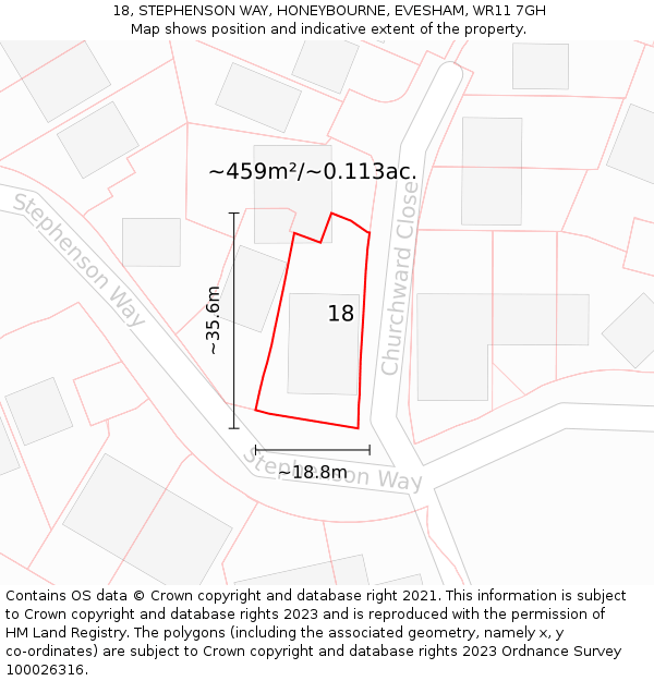 18, STEPHENSON WAY, HONEYBOURNE, EVESHAM, WR11 7GH: Plot and title map