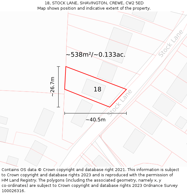 18, STOCK LANE, SHAVINGTON, CREWE, CW2 5ED: Plot and title map