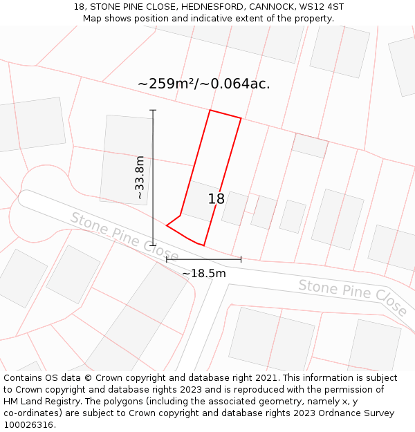 18, STONE PINE CLOSE, HEDNESFORD, CANNOCK, WS12 4ST: Plot and title map