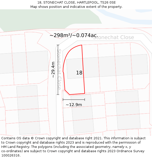 18, STONECHAT CLOSE, HARTLEPOOL, TS26 0SE: Plot and title map