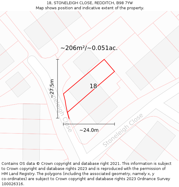 18, STONELEIGH CLOSE, REDDITCH, B98 7YW: Plot and title map