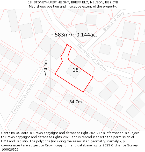 18, STONEYHURST HEIGHT, BRIERFIELD, NELSON, BB9 0YB: Plot and title map