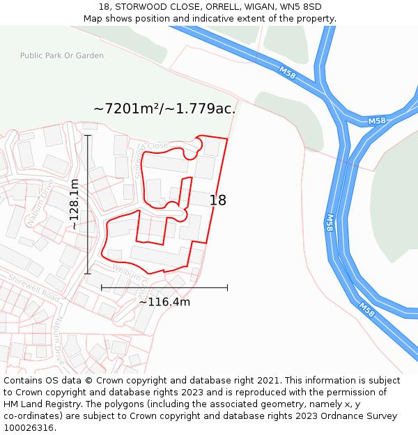 18, STORWOOD CLOSE, ORRELL, WIGAN, WN5 8SD: Plot and title map