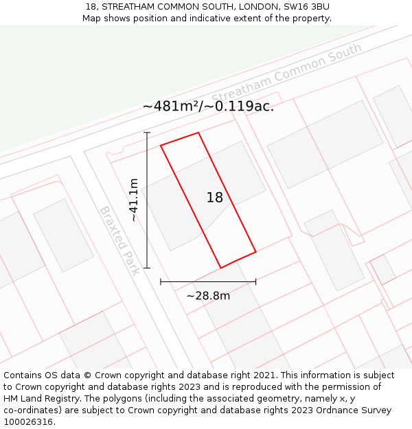 18, STREATHAM COMMON SOUTH, LONDON, SW16 3BU: Plot and title map