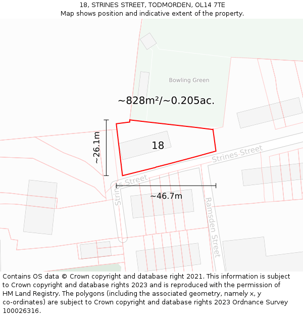 18, STRINES STREET, TODMORDEN, OL14 7TE: Plot and title map