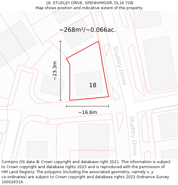 18, STUDLEY DRIVE, SPENNYMOOR, DL16 7GB: Plot and title map