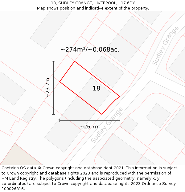 18, SUDLEY GRANGE, LIVERPOOL, L17 6DY: Plot and title map