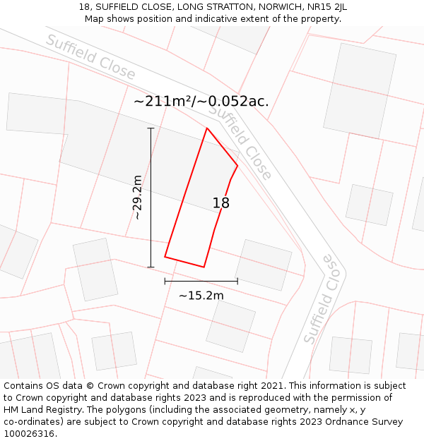 18, SUFFIELD CLOSE, LONG STRATTON, NORWICH, NR15 2JL: Plot and title map