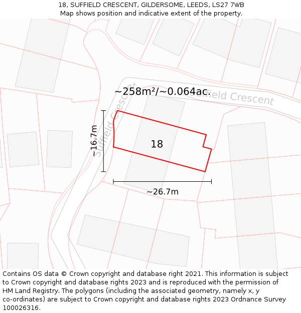 18, SUFFIELD CRESCENT, GILDERSOME, LEEDS, LS27 7WB: Plot and title map