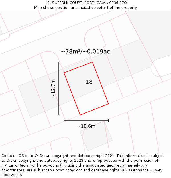 18, SUFFOLK COURT, PORTHCAWL, CF36 3EQ: Plot and title map