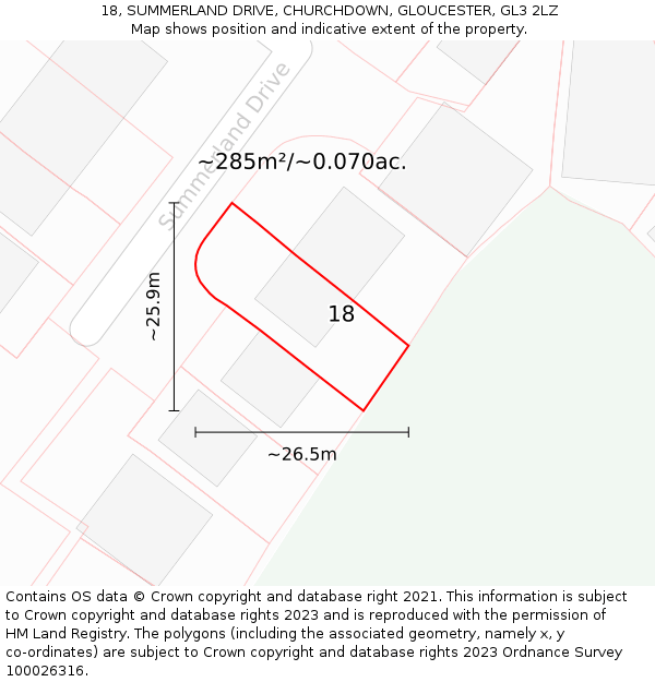 18, SUMMERLAND DRIVE, CHURCHDOWN, GLOUCESTER, GL3 2LZ: Plot and title map