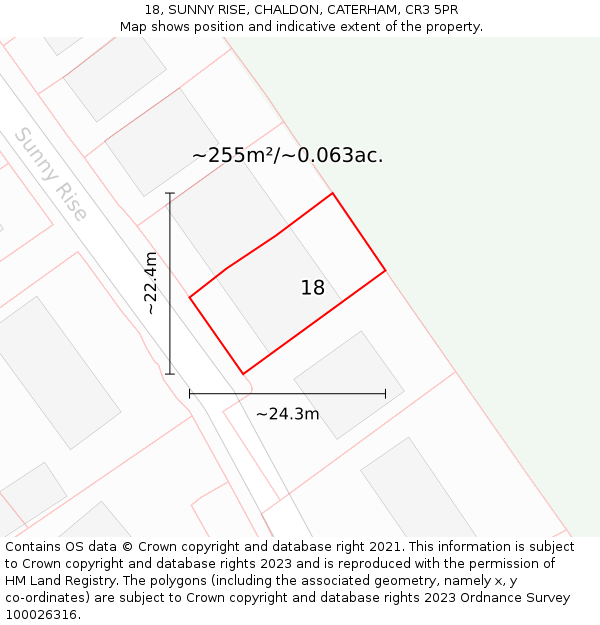 18, SUNNY RISE, CHALDON, CATERHAM, CR3 5PR: Plot and title map