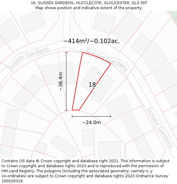 18, SUSSEX GARDENS, HUCCLECOTE, GLOUCESTER, GL3 3ST: Plot and title map