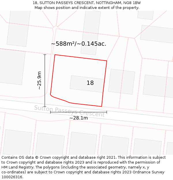 18, SUTTON PASSEYS CRESCENT, NOTTINGHAM, NG8 1BW: Plot and title map