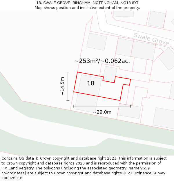 18, SWALE GROVE, BINGHAM, NOTTINGHAM, NG13 8YT: Plot and title map