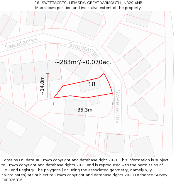 18, SWEETACRES, HEMSBY, GREAT YARMOUTH, NR29 4NR: Plot and title map