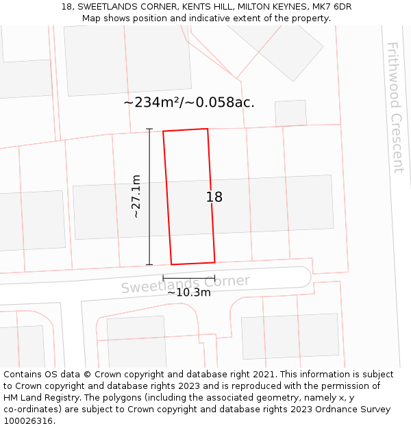 18, SWEETLANDS CORNER, KENTS HILL, MILTON KEYNES, MK7 6DR: Plot and title map