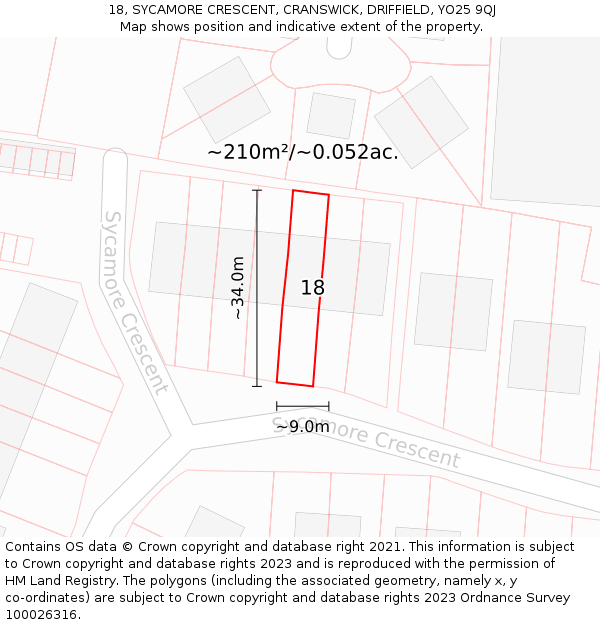 18, SYCAMORE CRESCENT, CRANSWICK, DRIFFIELD, YO25 9QJ: Plot and title map