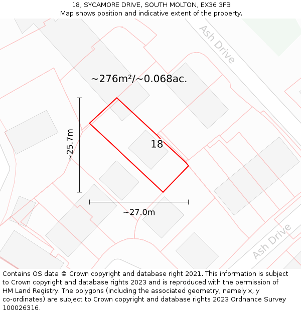 18, SYCAMORE DRIVE, SOUTH MOLTON, EX36 3FB: Plot and title map