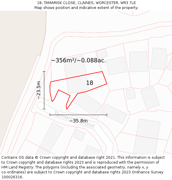 18, TAMARISK CLOSE, CLAINES, WORCESTER, WR3 7LE: Plot and title map