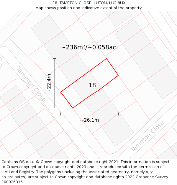 18, TAMETON CLOSE, LUTON, LU2 8UX: Plot and title map