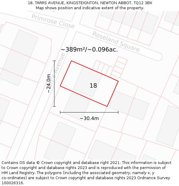 18, TARRS AVENUE, KINGSTEIGNTON, NEWTON ABBOT, TQ12 3BX: Plot and title map