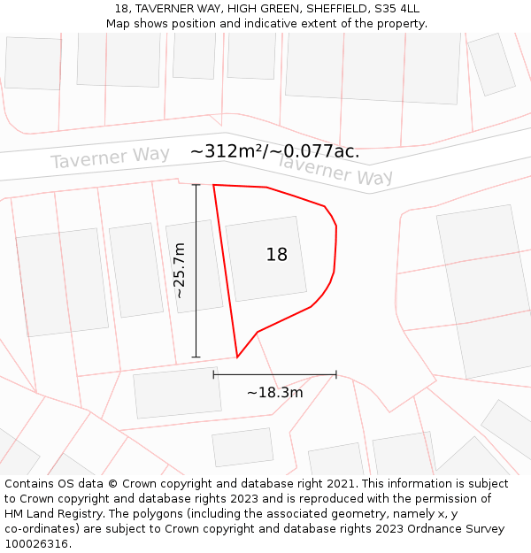 18, TAVERNER WAY, HIGH GREEN, SHEFFIELD, S35 4LL: Plot and title map