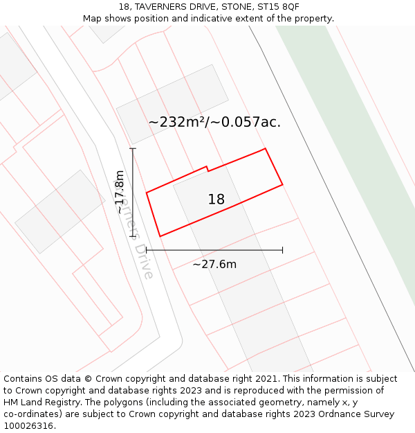 18, TAVERNERS DRIVE, STONE, ST15 8QF: Plot and title map