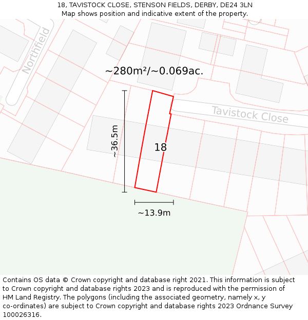 18, TAVISTOCK CLOSE, STENSON FIELDS, DERBY, DE24 3LN: Plot and title map