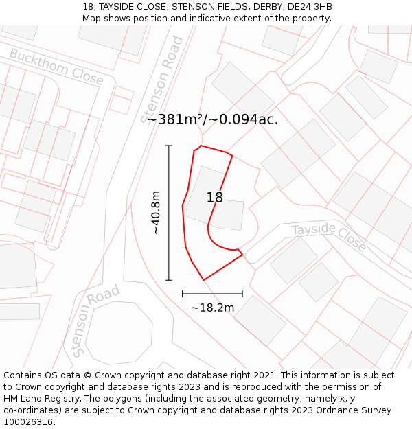 18, TAYSIDE CLOSE, STENSON FIELDS, DERBY, DE24 3HB: Plot and title map