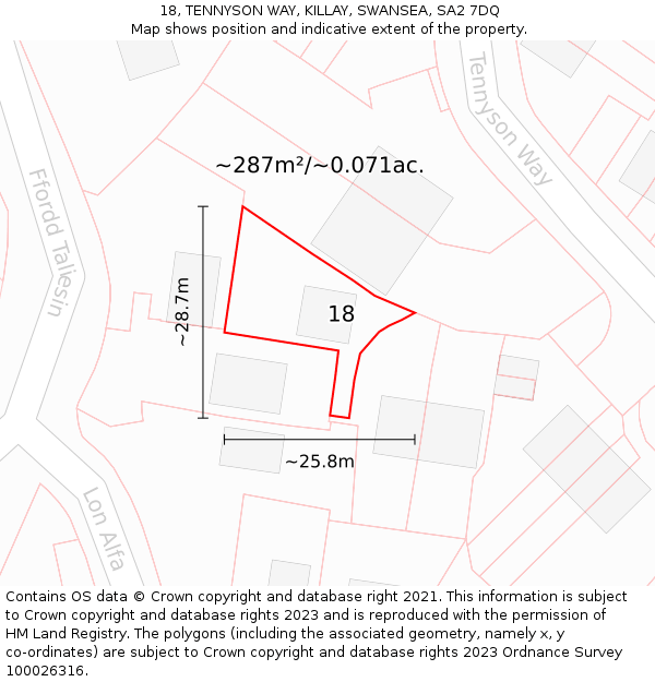 18, TENNYSON WAY, KILLAY, SWANSEA, SA2 7DQ: Plot and title map