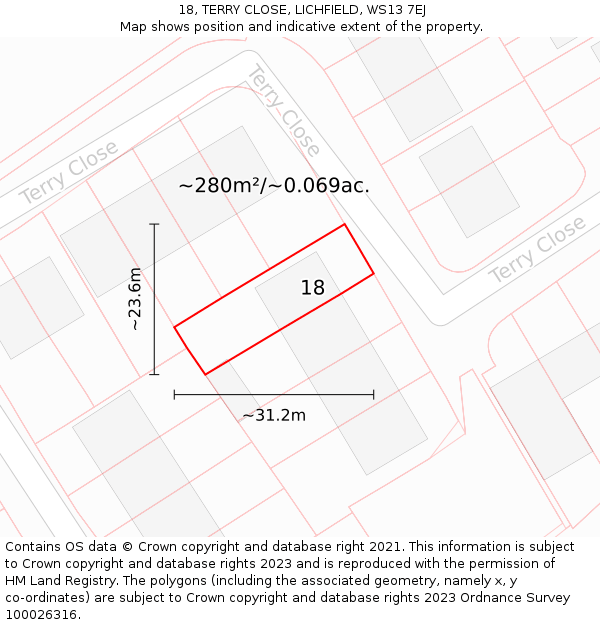 18, TERRY CLOSE, LICHFIELD, WS13 7EJ: Plot and title map