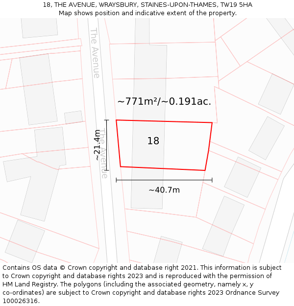 18, THE AVENUE, WRAYSBURY, STAINES-UPON-THAMES, TW19 5HA: Plot and title map