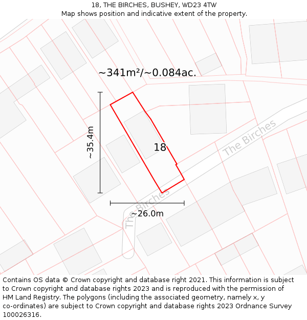 18, THE BIRCHES, BUSHEY, WD23 4TW: Plot and title map