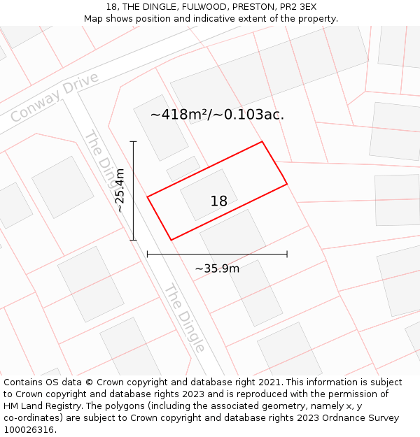 18, THE DINGLE, FULWOOD, PRESTON, PR2 3EX: Plot and title map