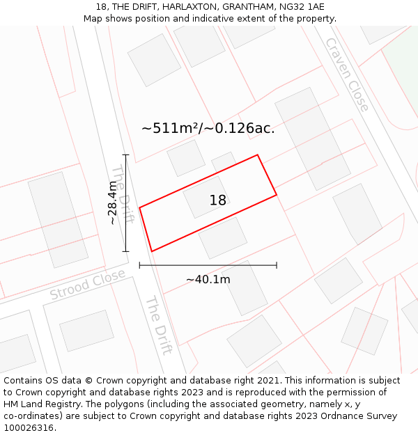 18, THE DRIFT, HARLAXTON, GRANTHAM, NG32 1AE: Plot and title map