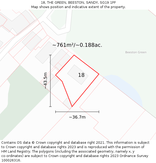 18, THE GREEN, BEESTON, SANDY, SG19 1PF: Plot and title map