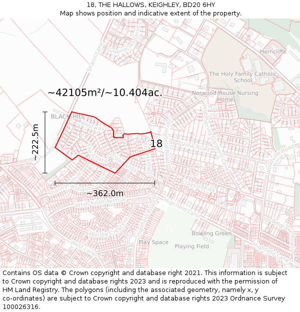 18, THE HALLOWS, KEIGHLEY, BD20 6HY: Plot and title map