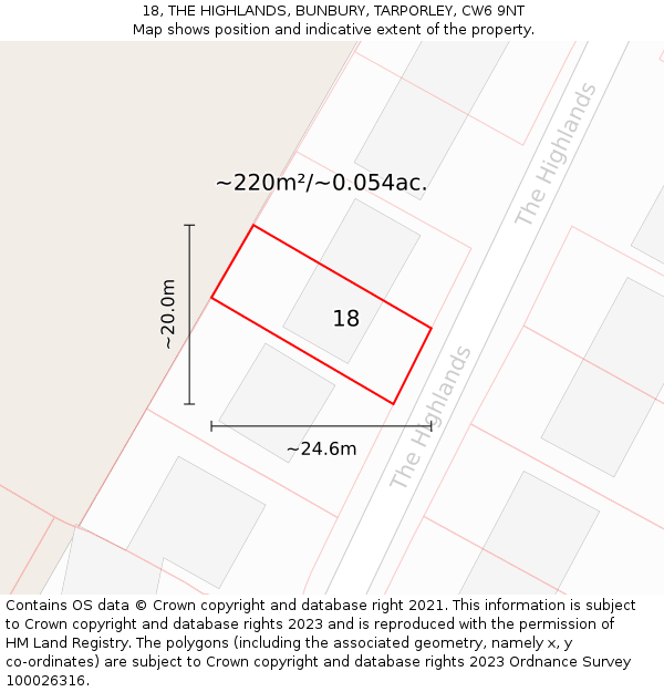 18, THE HIGHLANDS, BUNBURY, TARPORLEY, CW6 9NT: Plot and title map