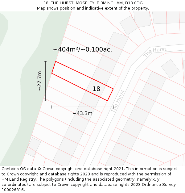 18, THE HURST, MOSELEY, BIRMINGHAM, B13 0DG: Plot and title map