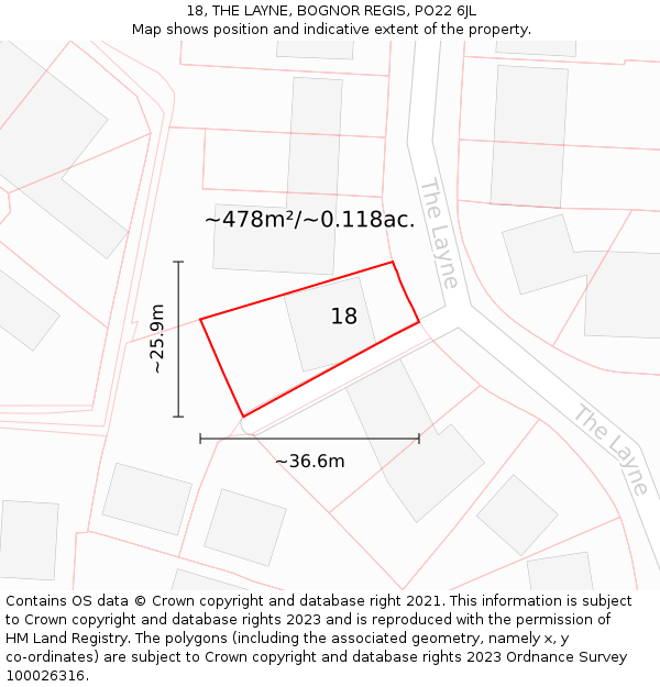 18, THE LAYNE, BOGNOR REGIS, PO22 6JL: Plot and title map