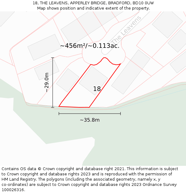 18, THE LEAVENS, APPERLEY BRIDGE, BRADFORD, BD10 0UW: Plot and title map