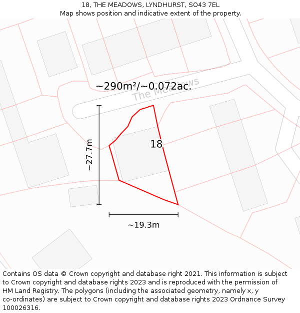 18, THE MEADOWS, LYNDHURST, SO43 7EL: Plot and title map