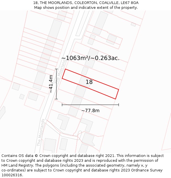 18, THE MOORLANDS, COLEORTON, COALVILLE, LE67 8GA: Plot and title map