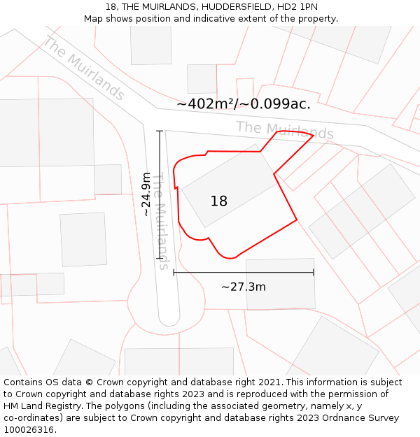 18, THE MUIRLANDS, HUDDERSFIELD, HD2 1PN: Plot and title map