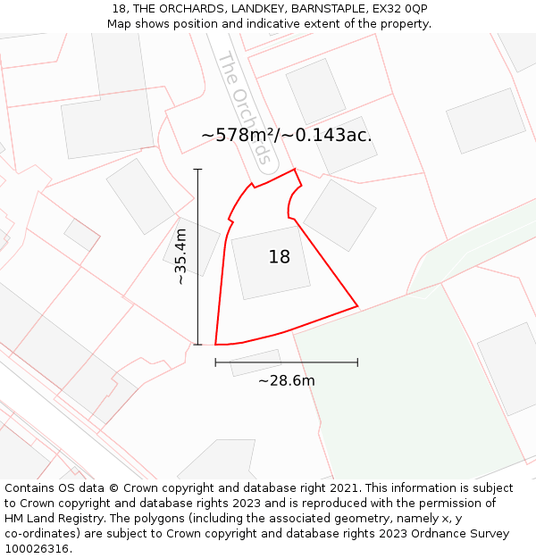 18, THE ORCHARDS, LANDKEY, BARNSTAPLE, EX32 0QP: Plot and title map