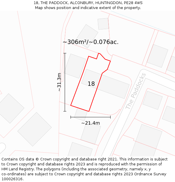 18, THE PADDOCK, ALCONBURY, HUNTINGDON, PE28 4WS: Plot and title map