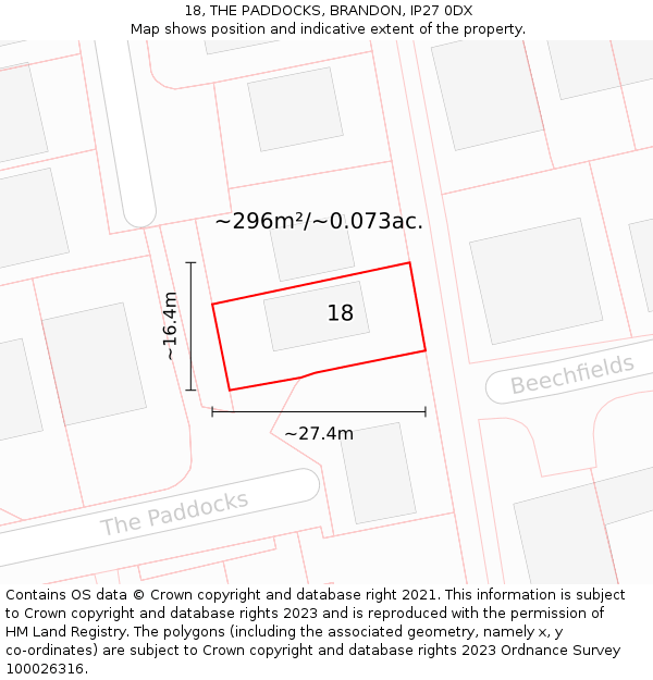 18, THE PADDOCKS, BRANDON, IP27 0DX: Plot and title map