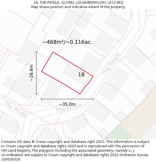 18, THE PINGLE, QUORN, LOUGHBOROUGH, LE12 8FQ: Plot and title map