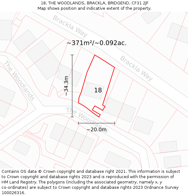 18, THE WOODLANDS, BRACKLA, BRIDGEND, CF31 2JF: Plot and title map